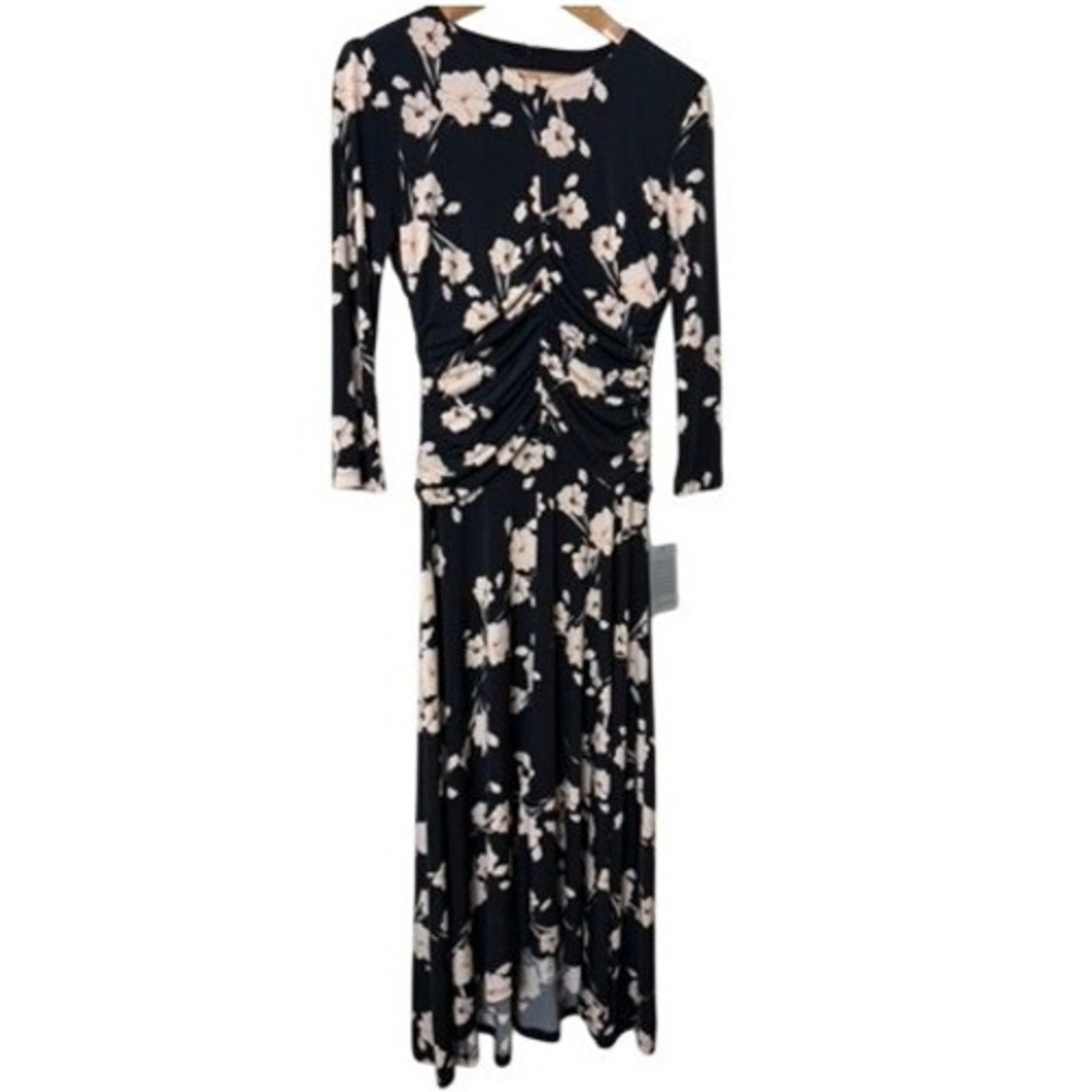 Maggy London Floral Ruched Midi Dress Black Coral Size‎ 0 NEW